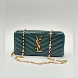 Yves Saint Laurent Dark Green Matalesse Wallet Crossbody with Generic Gold Chain
